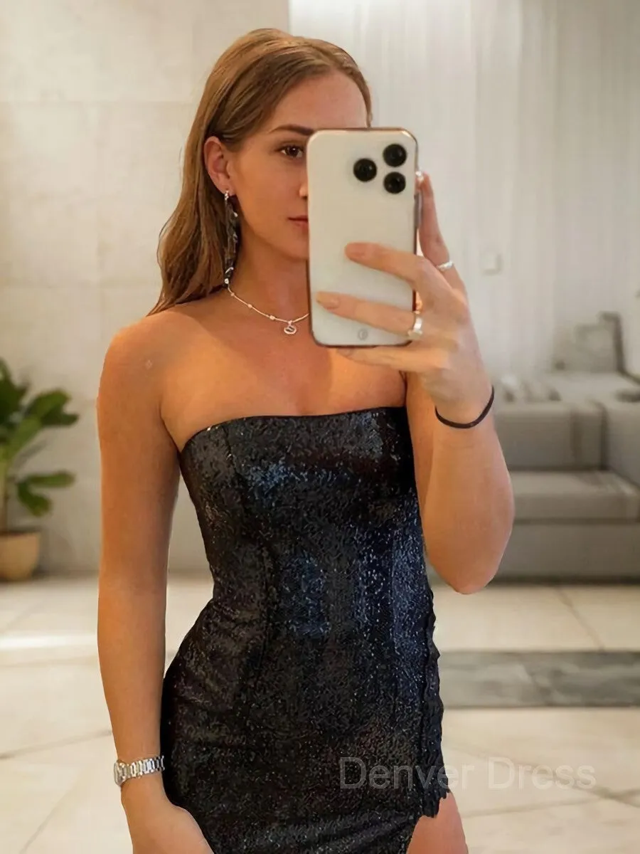 Sheath Strapless Sweep Train Sequins Evening Dresses With Leg Slit