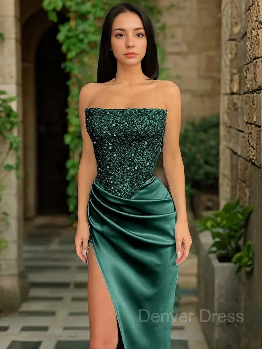 Sheath Strapless Sweep Train Sequins Prom Dresses With Leg Slit
