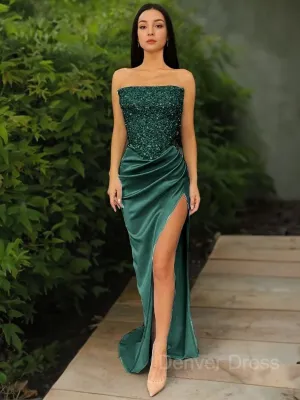 Sheath Strapless Sweep Train Sequins Prom Dresses With Leg Slit