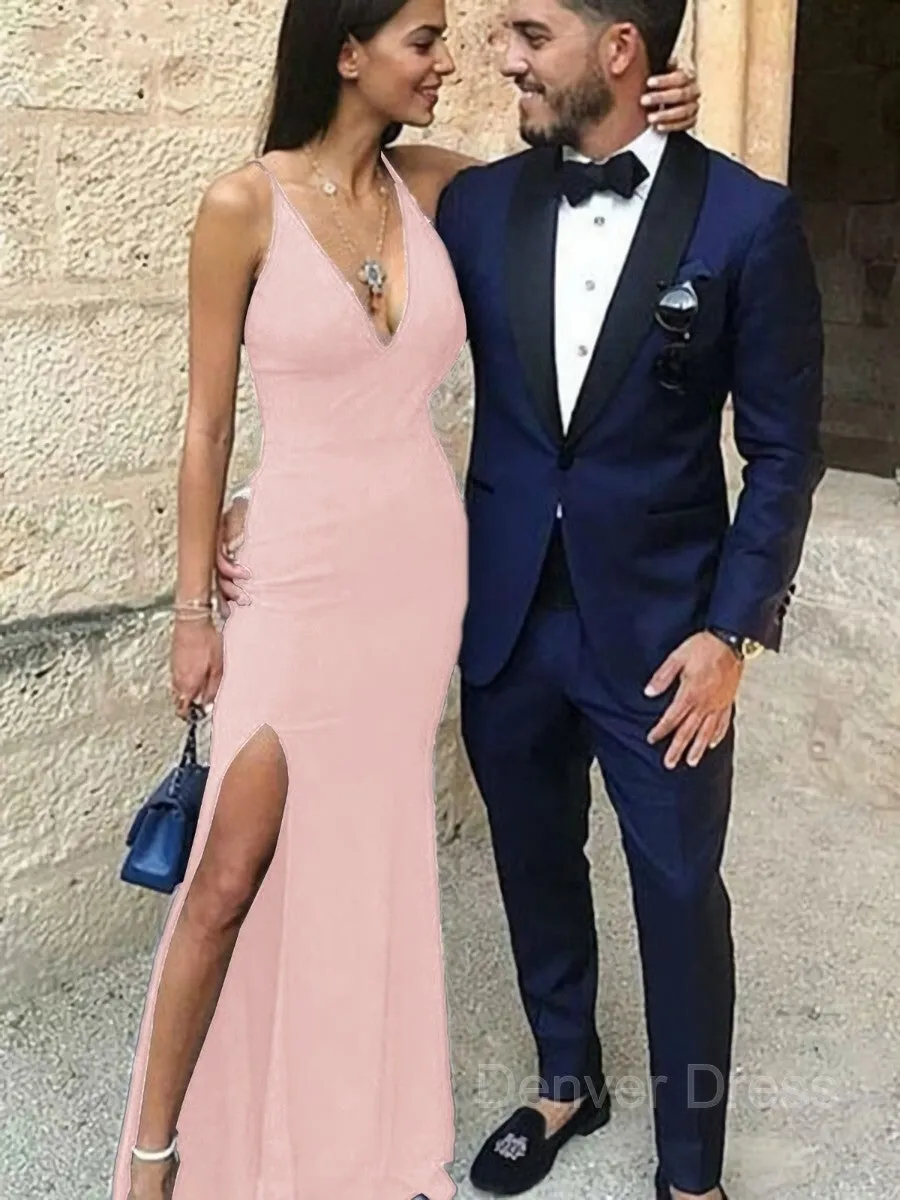 Sheath Straps Floor-Length Stretch Crepe Prom Dresses With Leg Slit