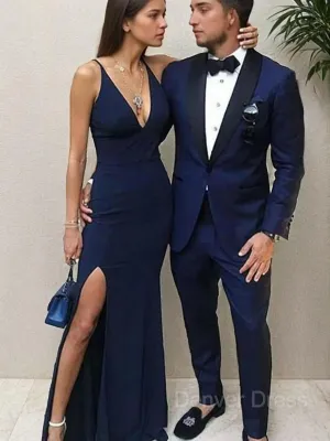 Sheath Straps Floor-Length Stretch Crepe Prom Dresses With Leg Slit