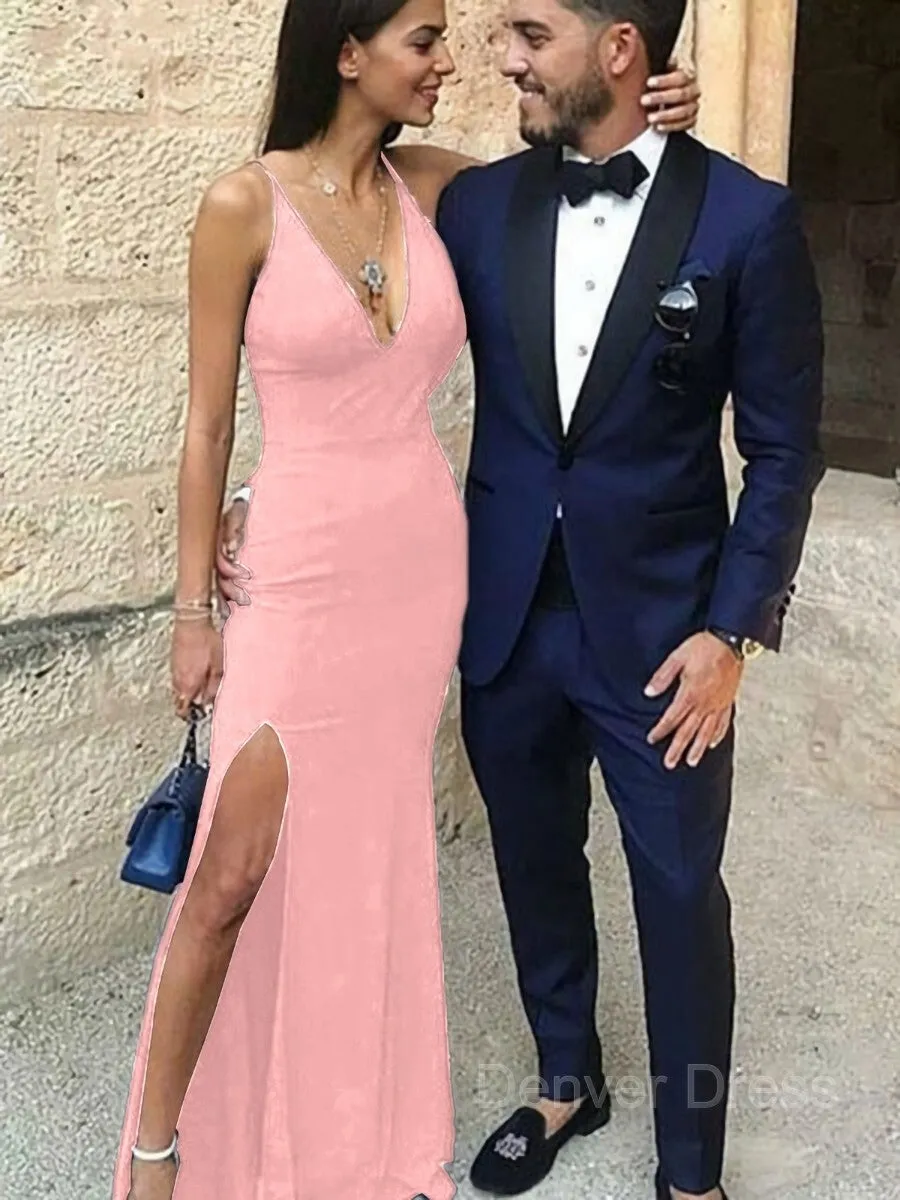 Sheath Straps Floor-Length Stretch Crepe Prom Dresses With Leg Slit