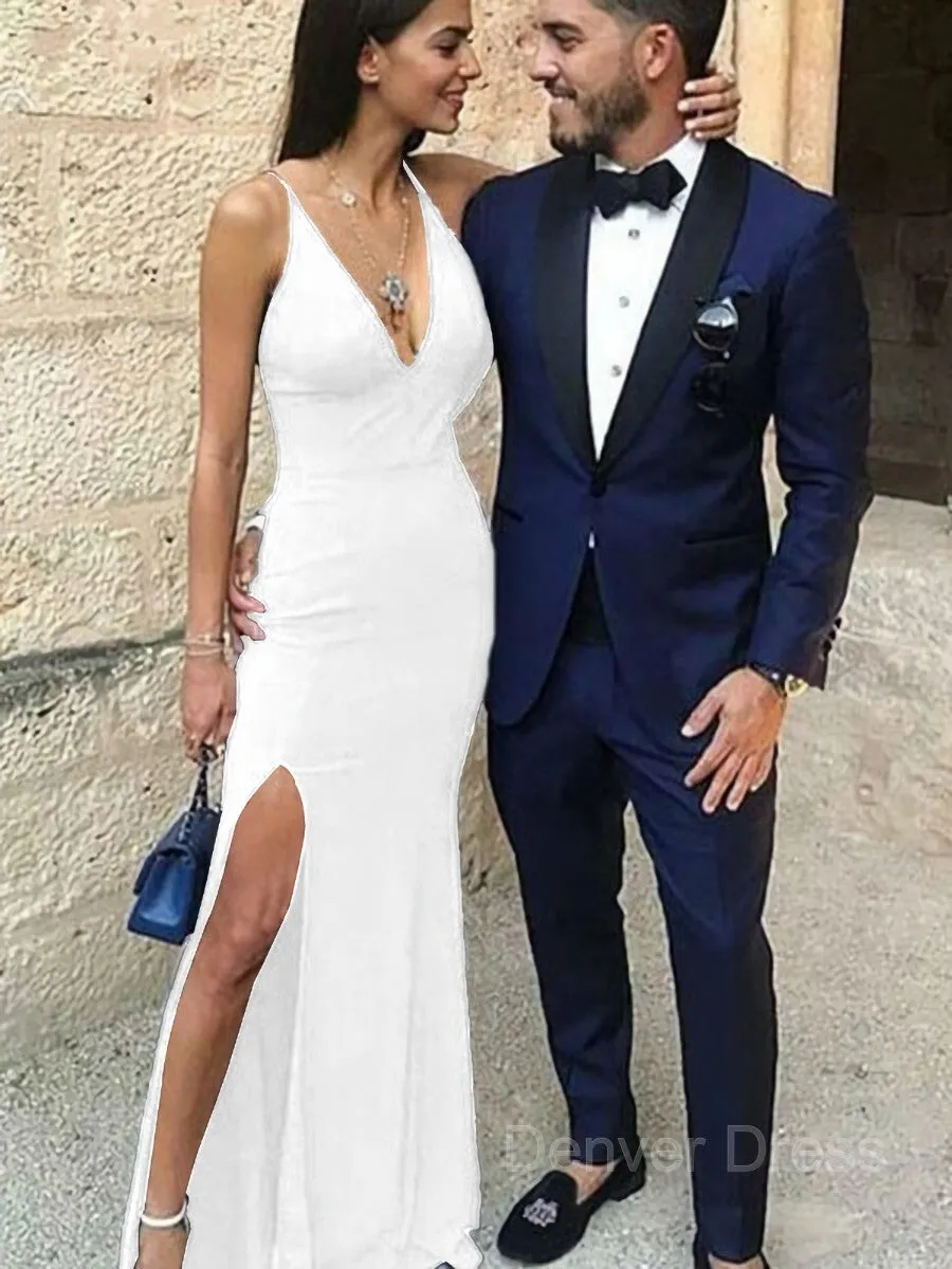 Sheath Straps Floor-Length Stretch Crepe Prom Dresses With Leg Slit