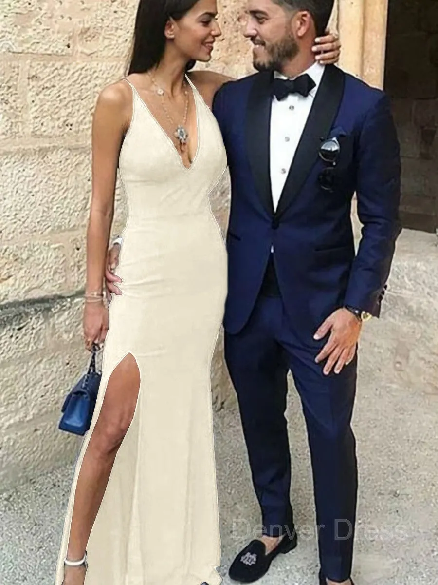 Sheath Straps Floor-Length Stretch Crepe Prom Dresses With Leg Slit