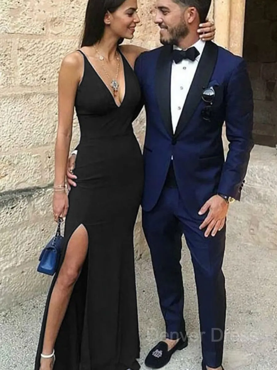 Sheath Straps Floor-Length Stretch Crepe Prom Dresses With Leg Slit