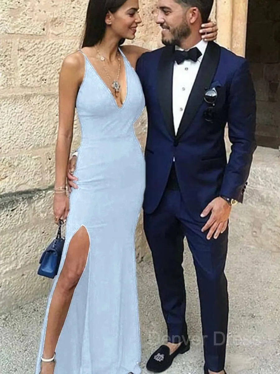 Sheath Straps Floor-Length Stretch Crepe Prom Dresses With Leg Slit