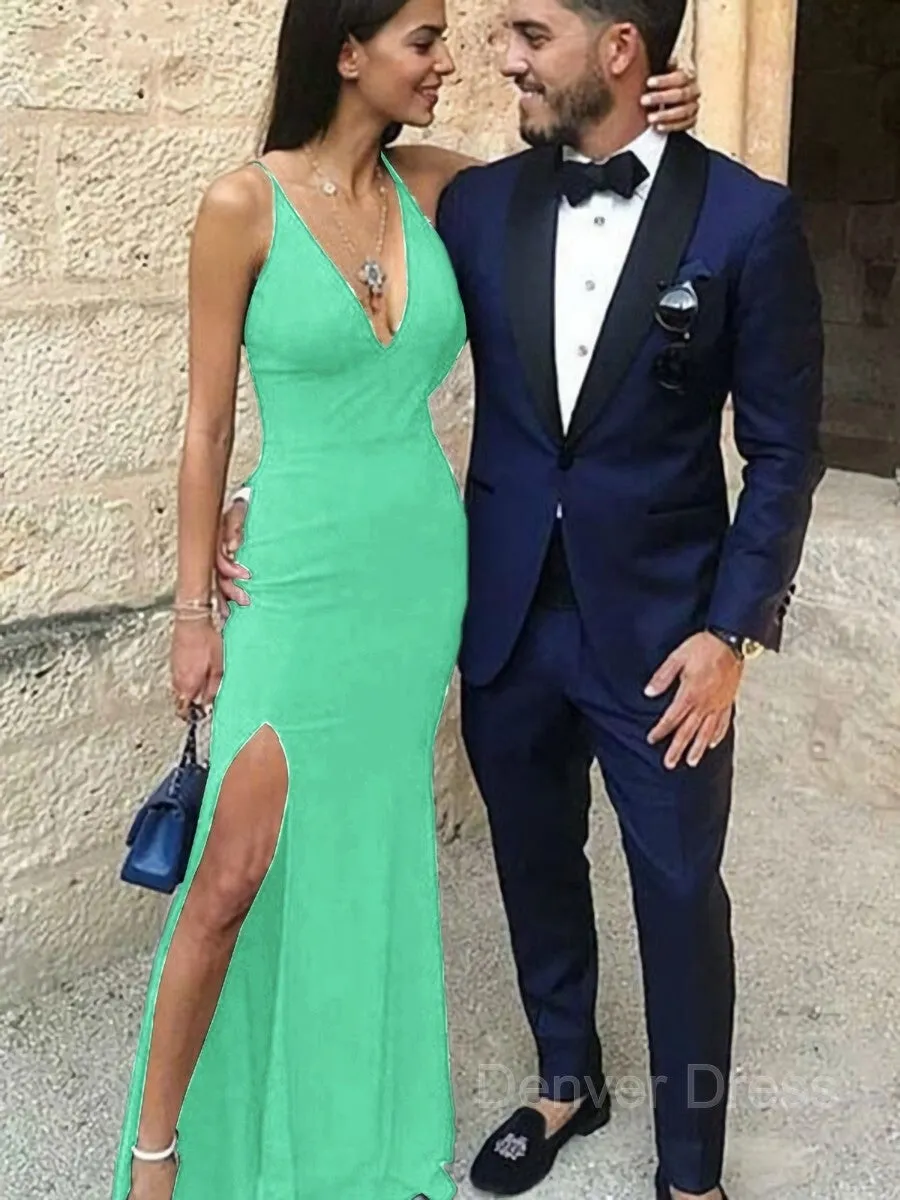Sheath Straps Floor-Length Stretch Crepe Prom Dresses With Leg Slit