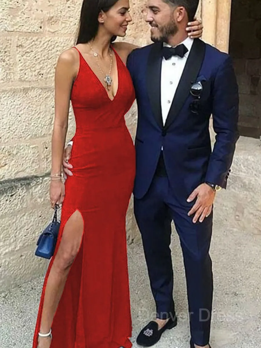 Sheath Straps Floor-Length Stretch Crepe Prom Dresses With Leg Slit