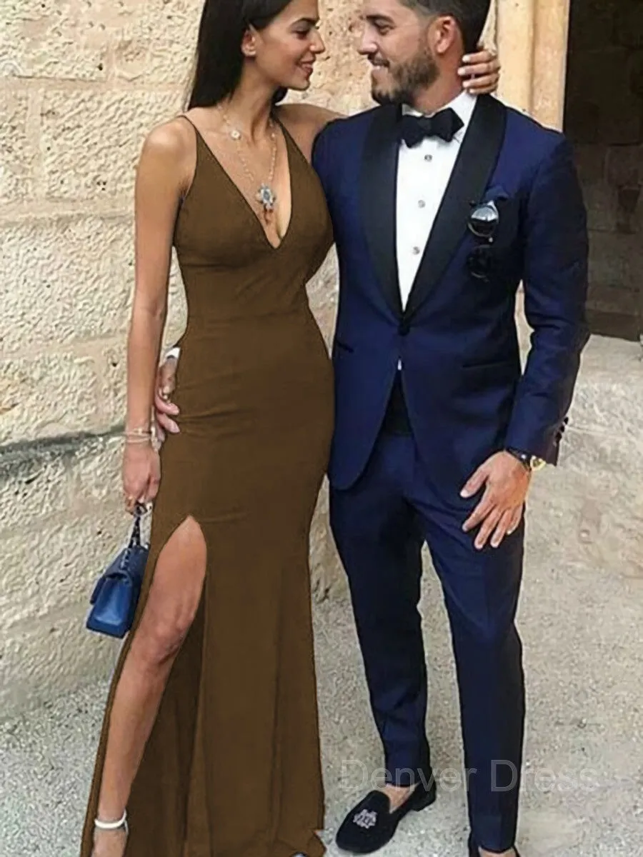 Sheath Straps Floor-Length Stretch Crepe Prom Dresses With Leg Slit