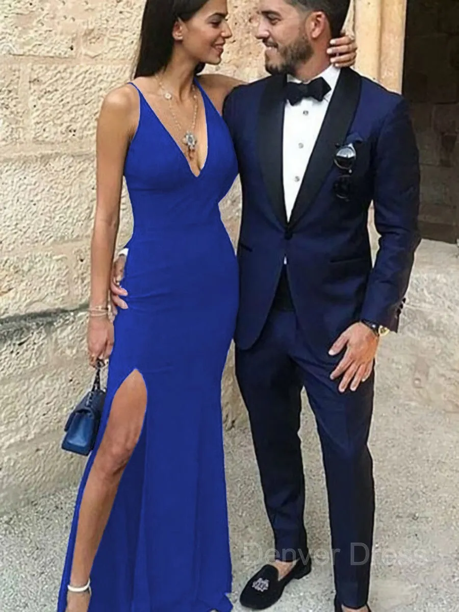 Sheath Straps Floor-Length Stretch Crepe Prom Dresses With Leg Slit