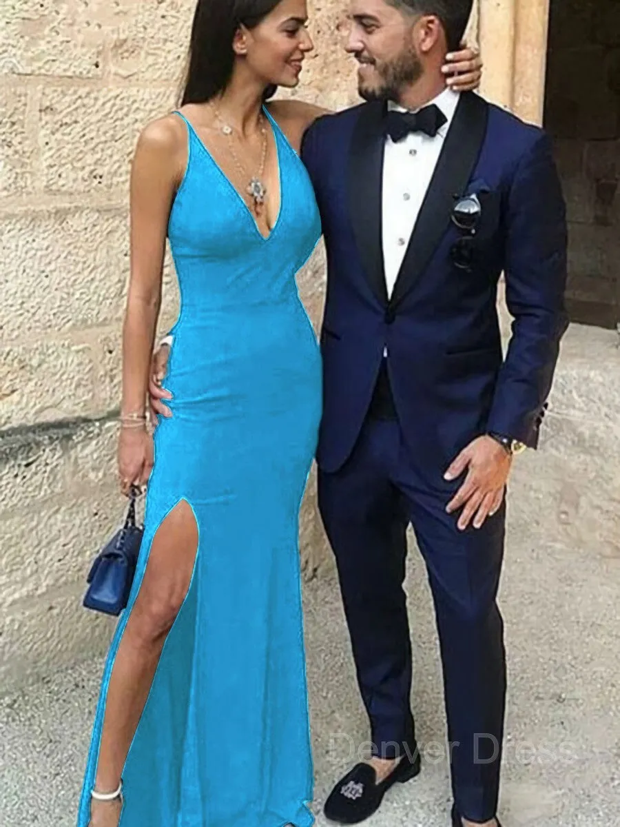 Sheath Straps Floor-Length Stretch Crepe Prom Dresses With Leg Slit
