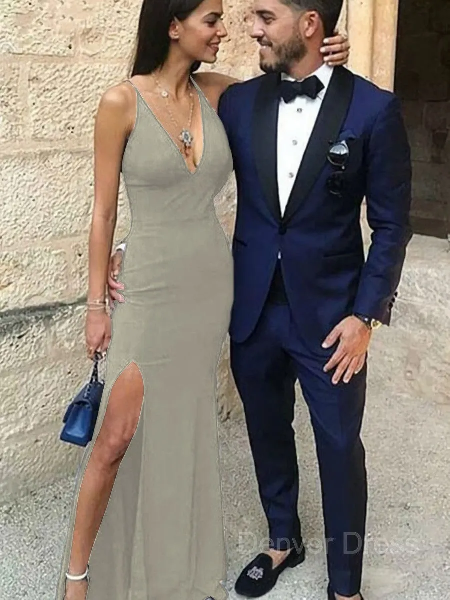 Sheath Straps Floor-Length Stretch Crepe Prom Dresses With Leg Slit