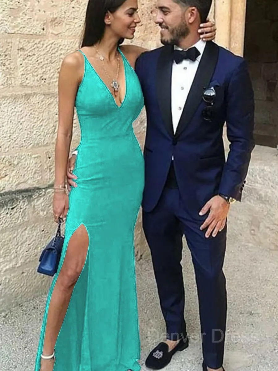 Sheath Straps Floor-Length Stretch Crepe Prom Dresses With Leg Slit
