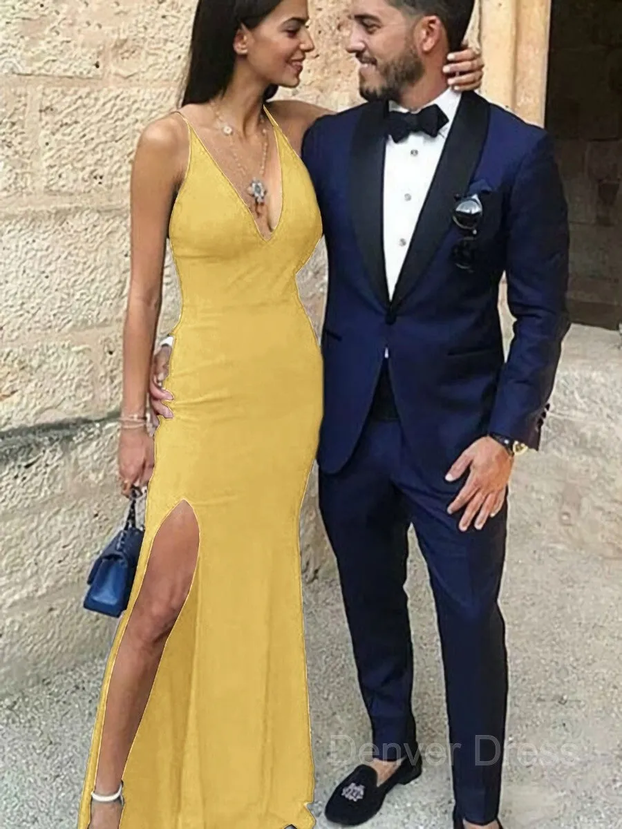 Sheath Straps Floor-Length Stretch Crepe Prom Dresses With Leg Slit