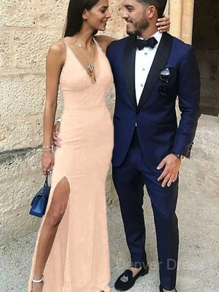 Sheath Straps Floor-Length Stretch Crepe Prom Dresses With Leg Slit