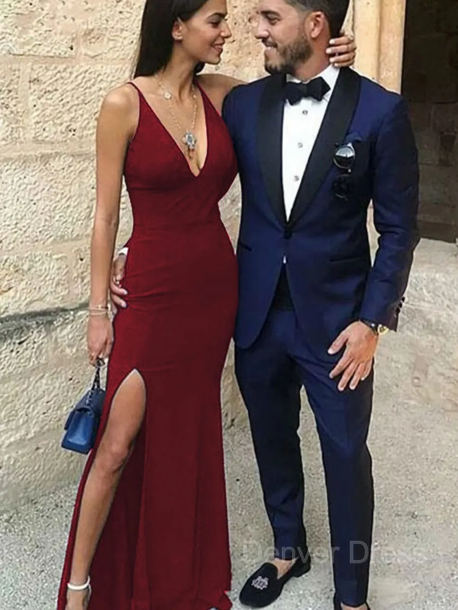 Sheath Straps Floor-Length Stretch Crepe Prom Dresses With Leg Slit