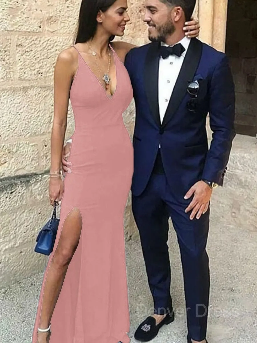 Sheath Straps Floor-Length Stretch Crepe Prom Dresses With Leg Slit