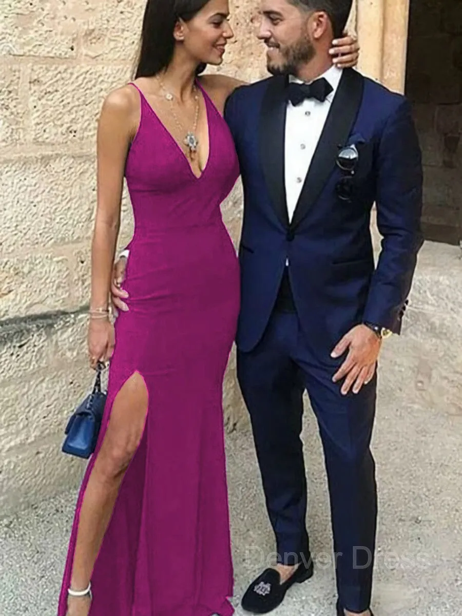 Sheath Straps Floor-Length Stretch Crepe Prom Dresses With Leg Slit