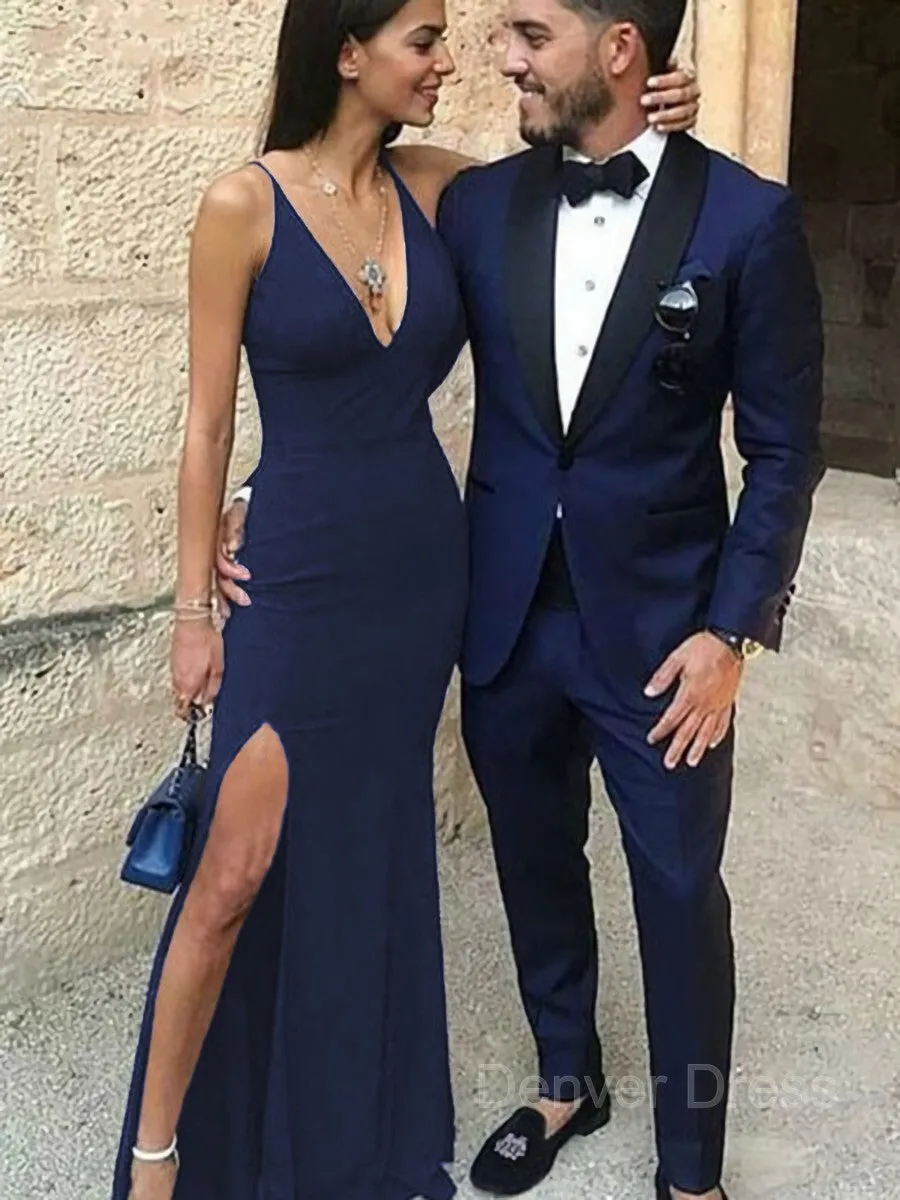 Sheath Straps Floor-Length Stretch Crepe Prom Dresses With Leg Slit