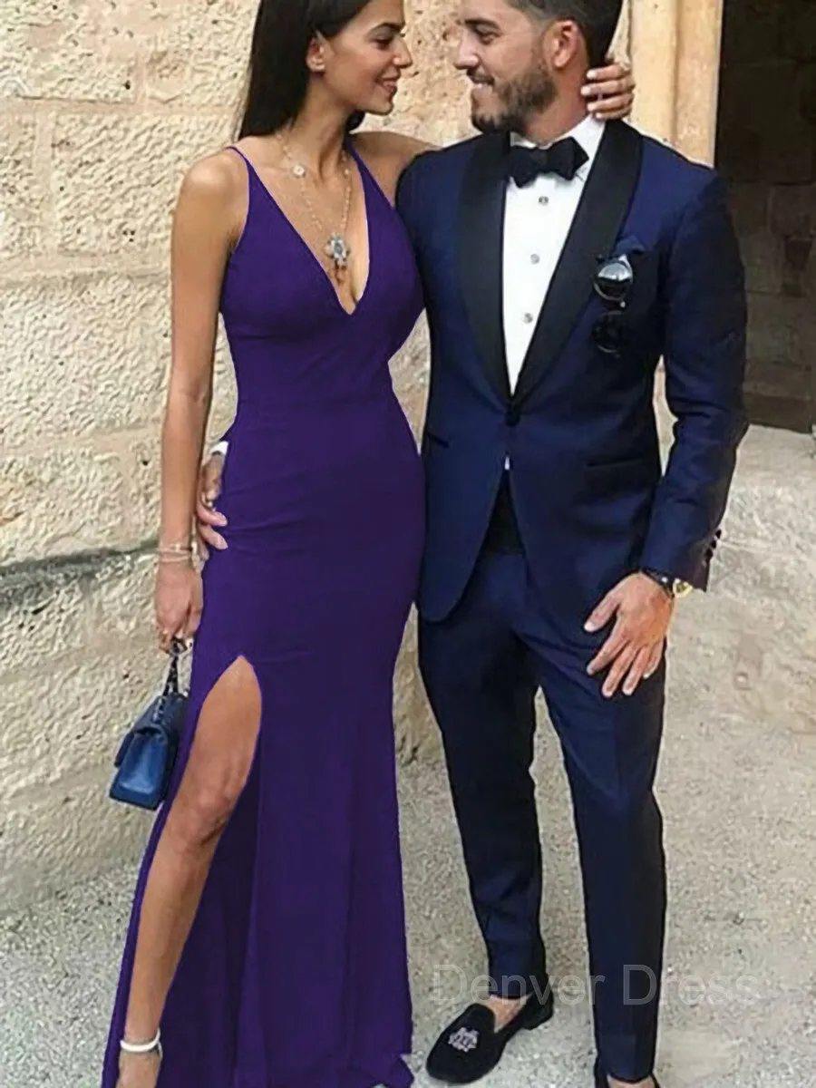 Sheath Straps Floor-Length Stretch Crepe Prom Dresses With Leg Slit
