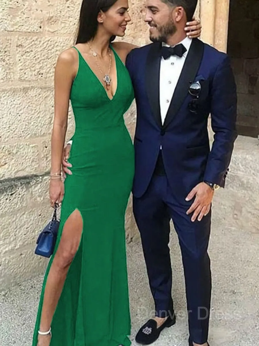 Sheath Straps Floor-Length Stretch Crepe Prom Dresses With Leg Slit