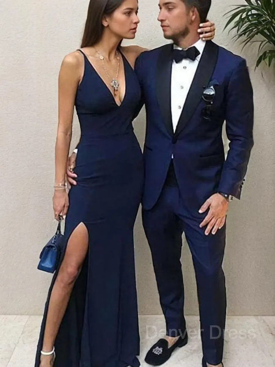 Sheath Straps Floor-Length Stretch Crepe Prom Dresses With Leg Slit