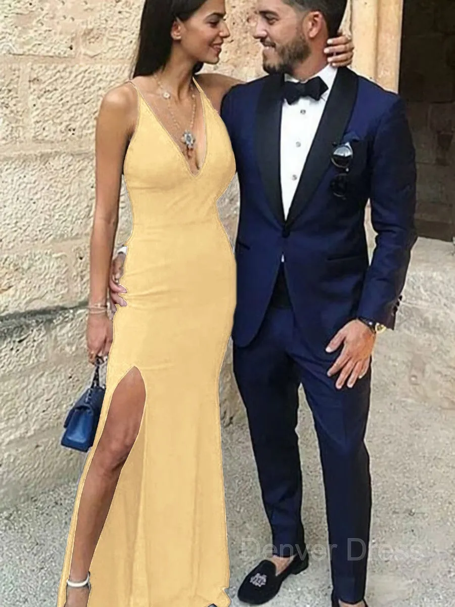 Sheath Straps Floor-Length Stretch Crepe Prom Dresses With Leg Slit