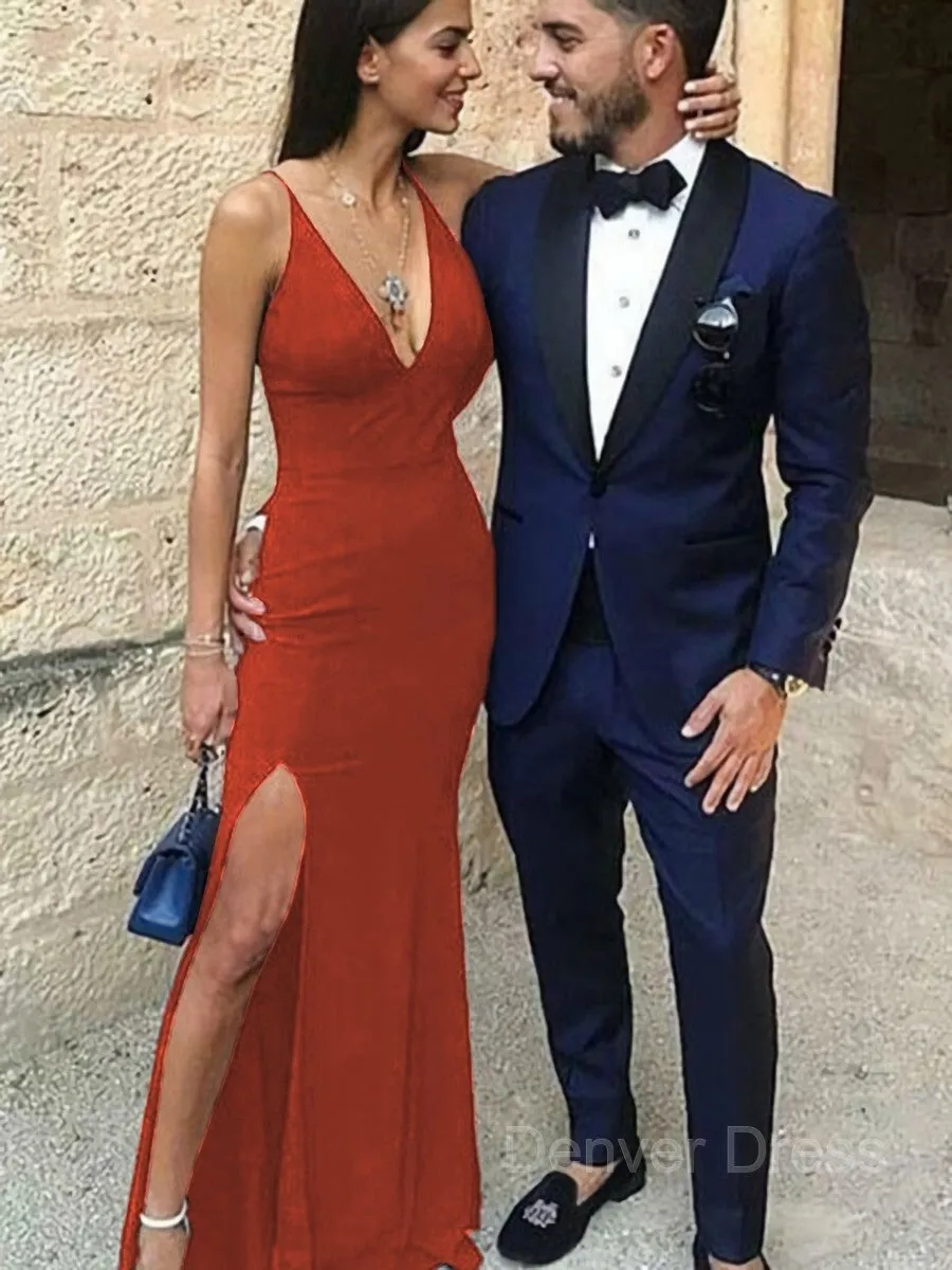 Sheath Straps Floor-Length Stretch Crepe Prom Dresses With Leg Slit