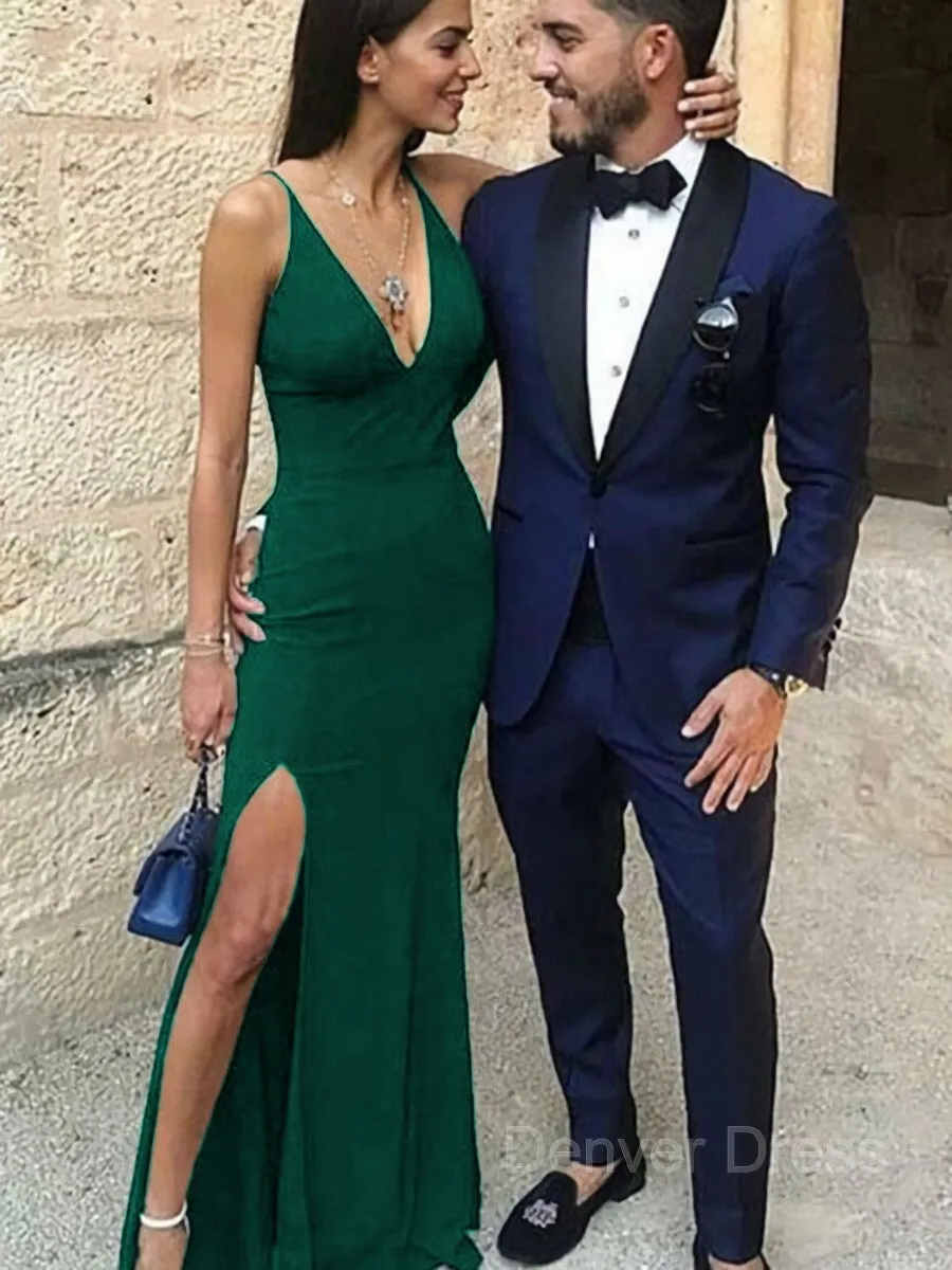 Sheath Straps Floor-Length Stretch Crepe Prom Dresses With Leg Slit