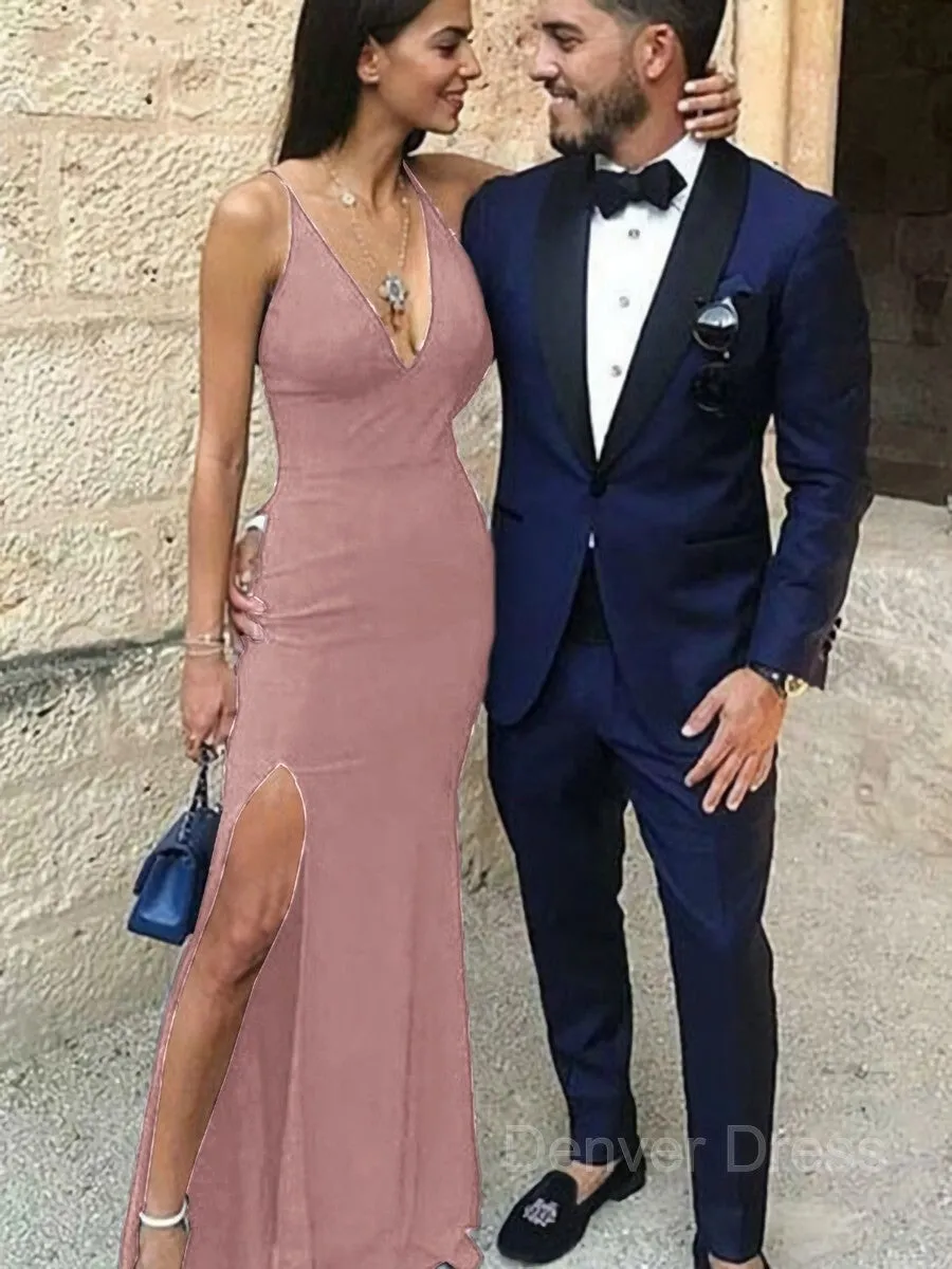 Sheath Straps Floor-Length Stretch Crepe Prom Dresses With Leg Slit