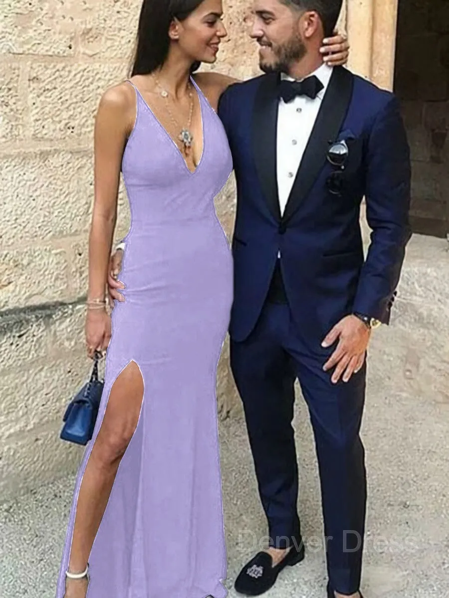 Sheath Straps Floor-Length Stretch Crepe Prom Dresses With Leg Slit