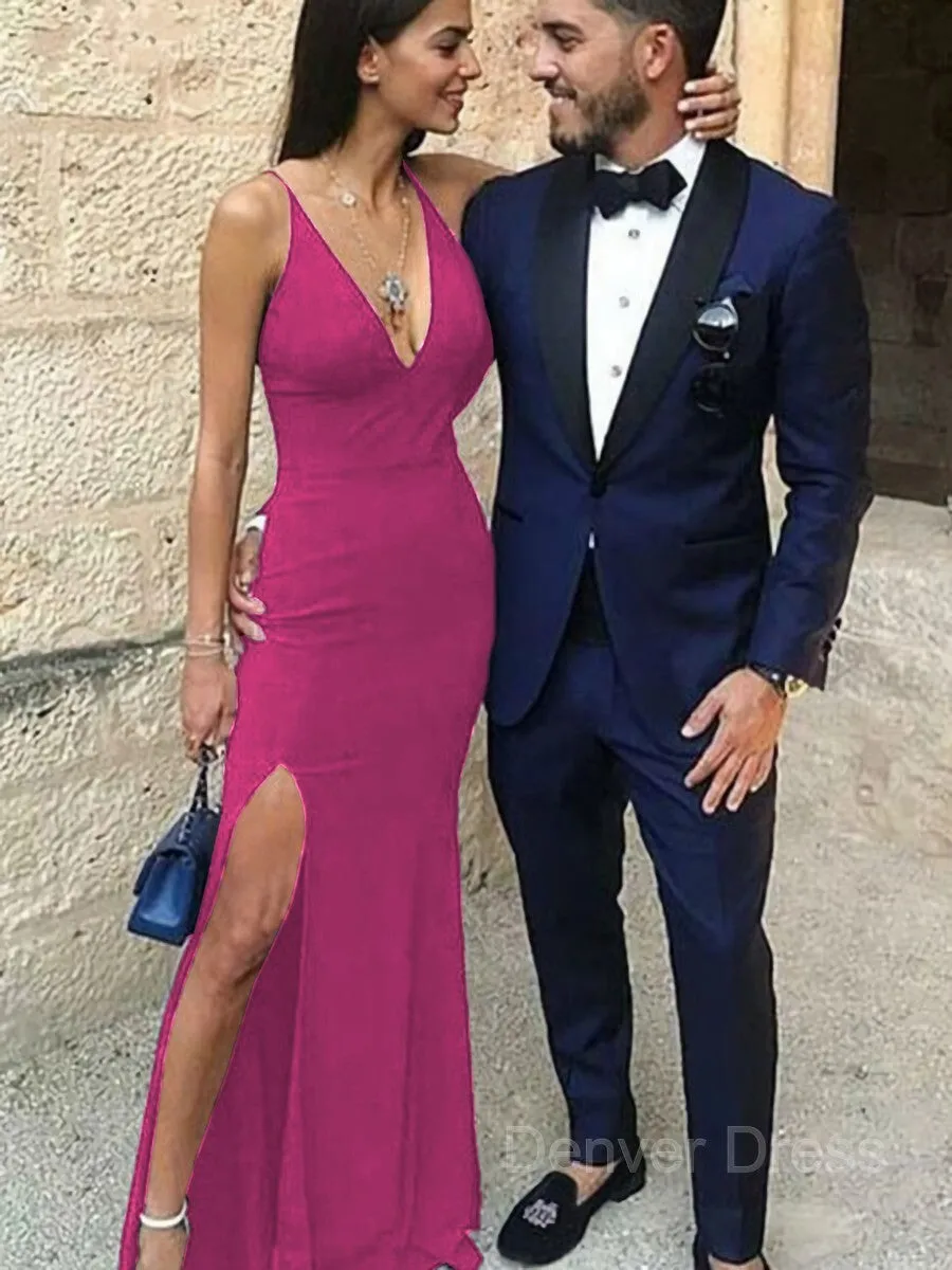 Sheath Straps Floor-Length Stretch Crepe Prom Dresses With Leg Slit