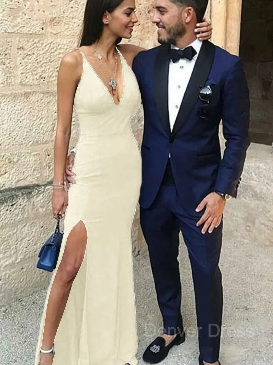 Sheath Straps Floor-Length Stretch Crepe Prom Dresses With Leg Slit