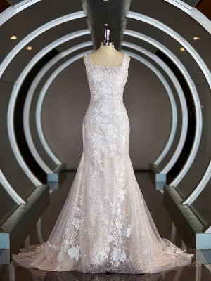 Sheath Straps Sweep Train Lace Wedding Dresses with Appliques Lace