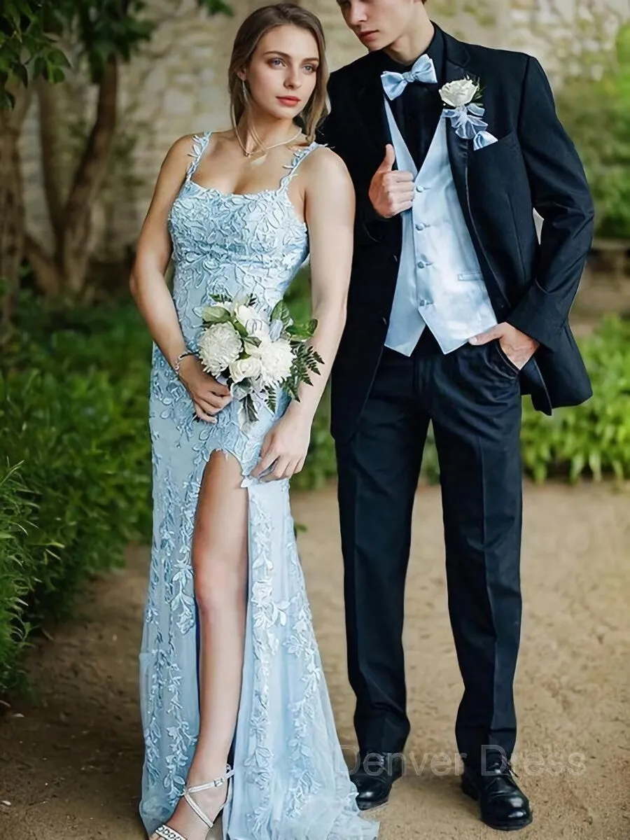 Sheath Straps Sweep Train Tulle Prom Dresses With Leg Slit