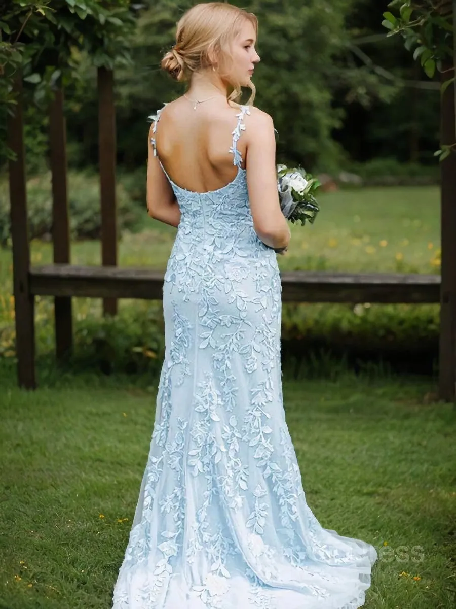 Sheath Straps Sweep Train Tulle Prom Dresses With Leg Slit