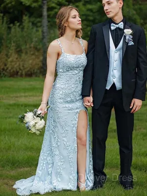 Sheath Straps Sweep Train Tulle Prom Dresses With Leg Slit