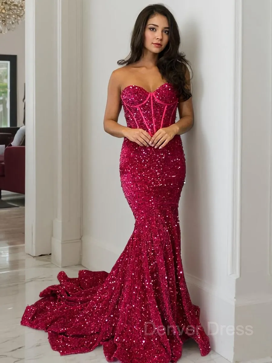 Sheath Sweetheart Court Train Velvet Sequins Prom Dresses With Ruffles