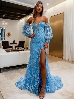 Sheath Sweetheart Sweep Train Lace Prom Dresses With Leg Slit