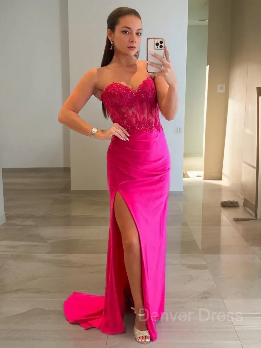 Sheath Sweetheart Sweep Train Stretch Crepe Prom Dresses With Leg Slit