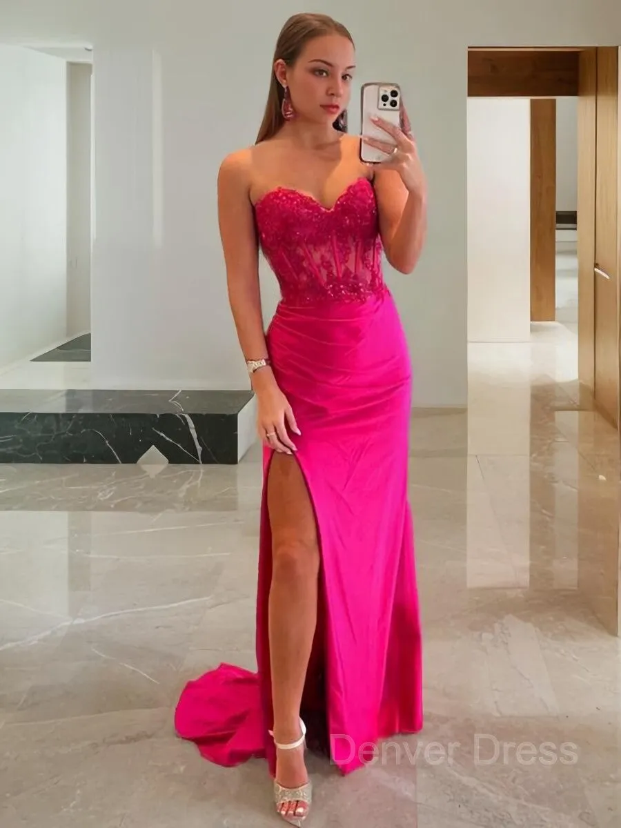 Sheath Sweetheart Sweep Train Stretch Crepe Prom Dresses With Leg Slit