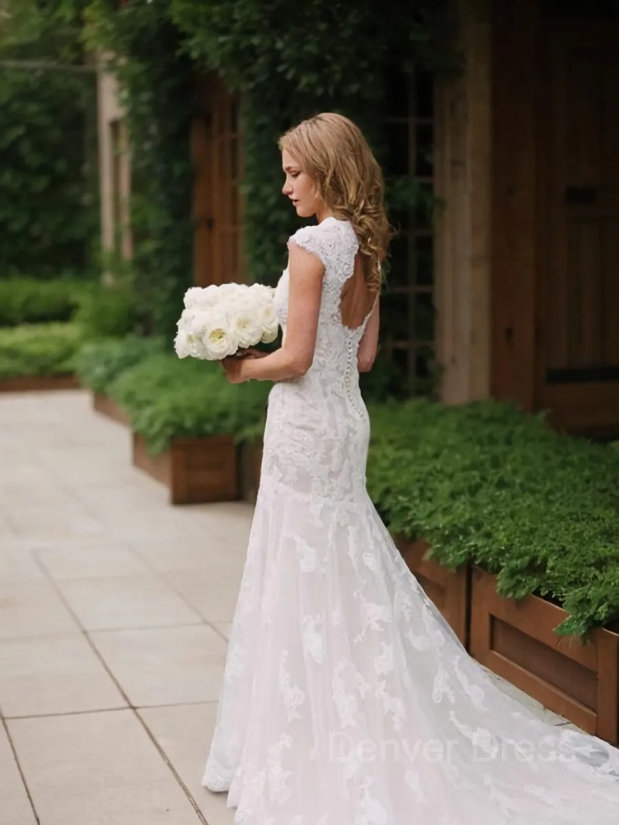 Sheath V-neck Court Train Lace Wedding Dresses With Appliques Lace