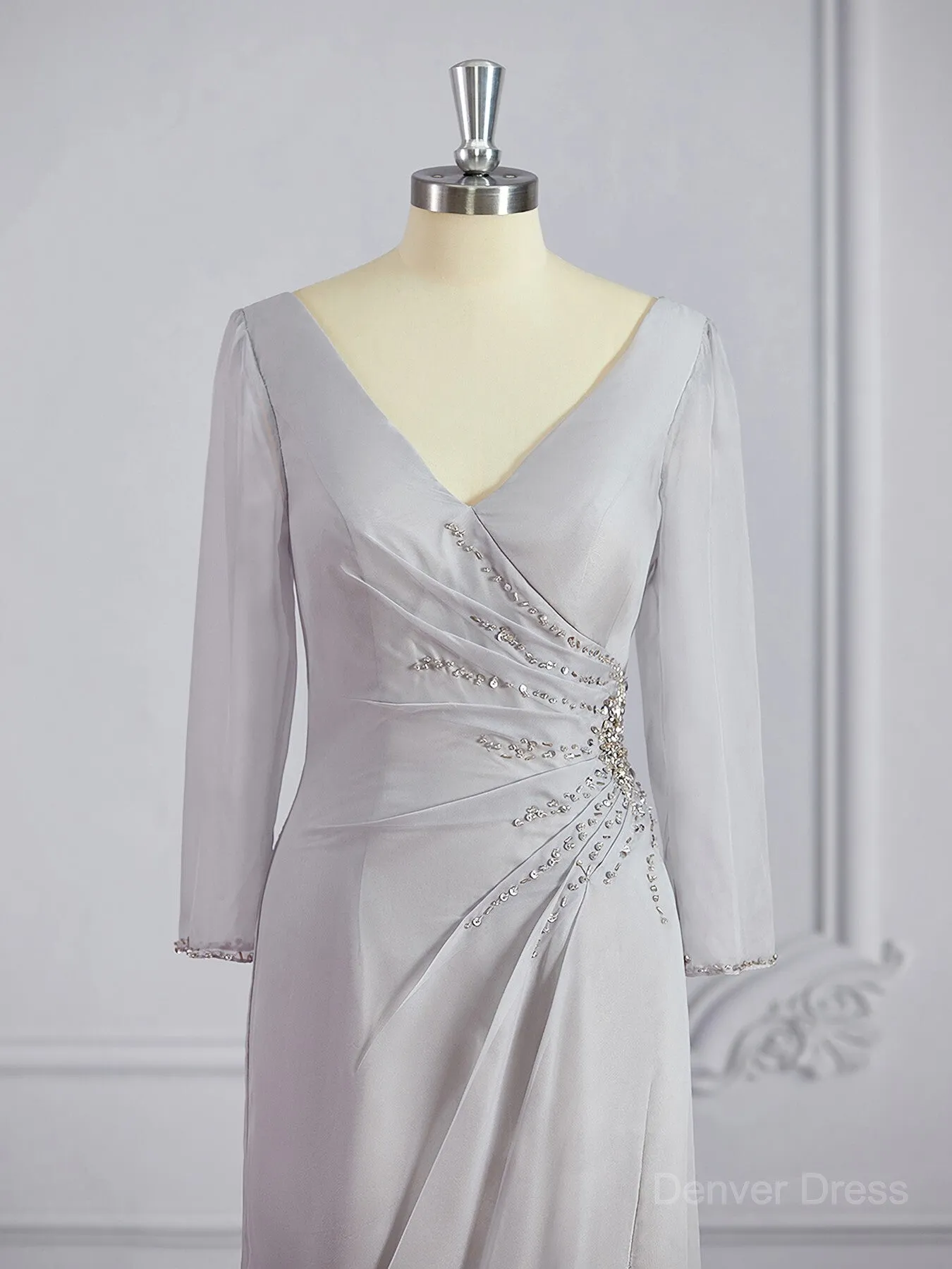 Sheath V-neck Floor-Length 30D Chiffon Mother of the Bride Dresses With Beading