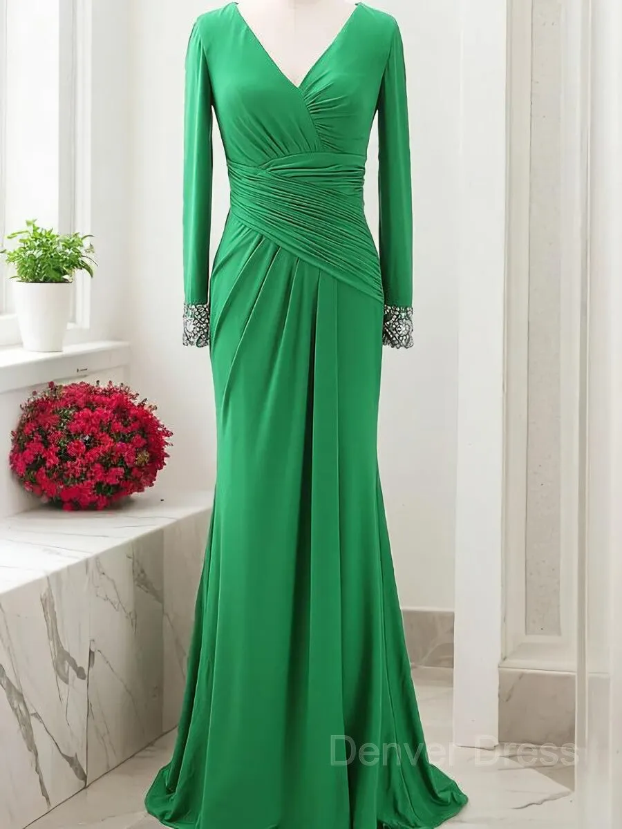 Sheath V-neck Sweep Train Jersey Mother of the Bride Dresses With Ruffles