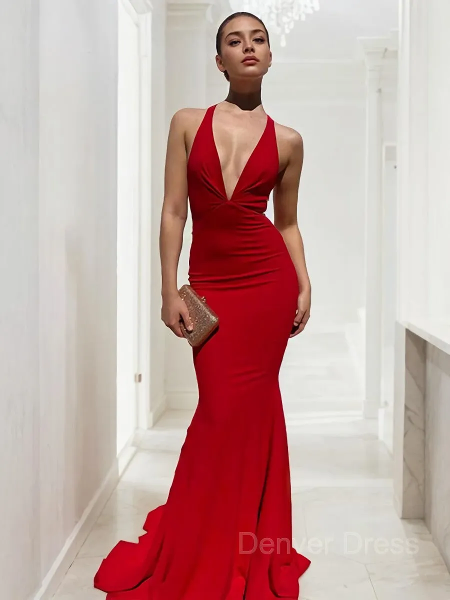 Sheath V-neck Sweep Train Jersey Prom Dresses With Ruffles