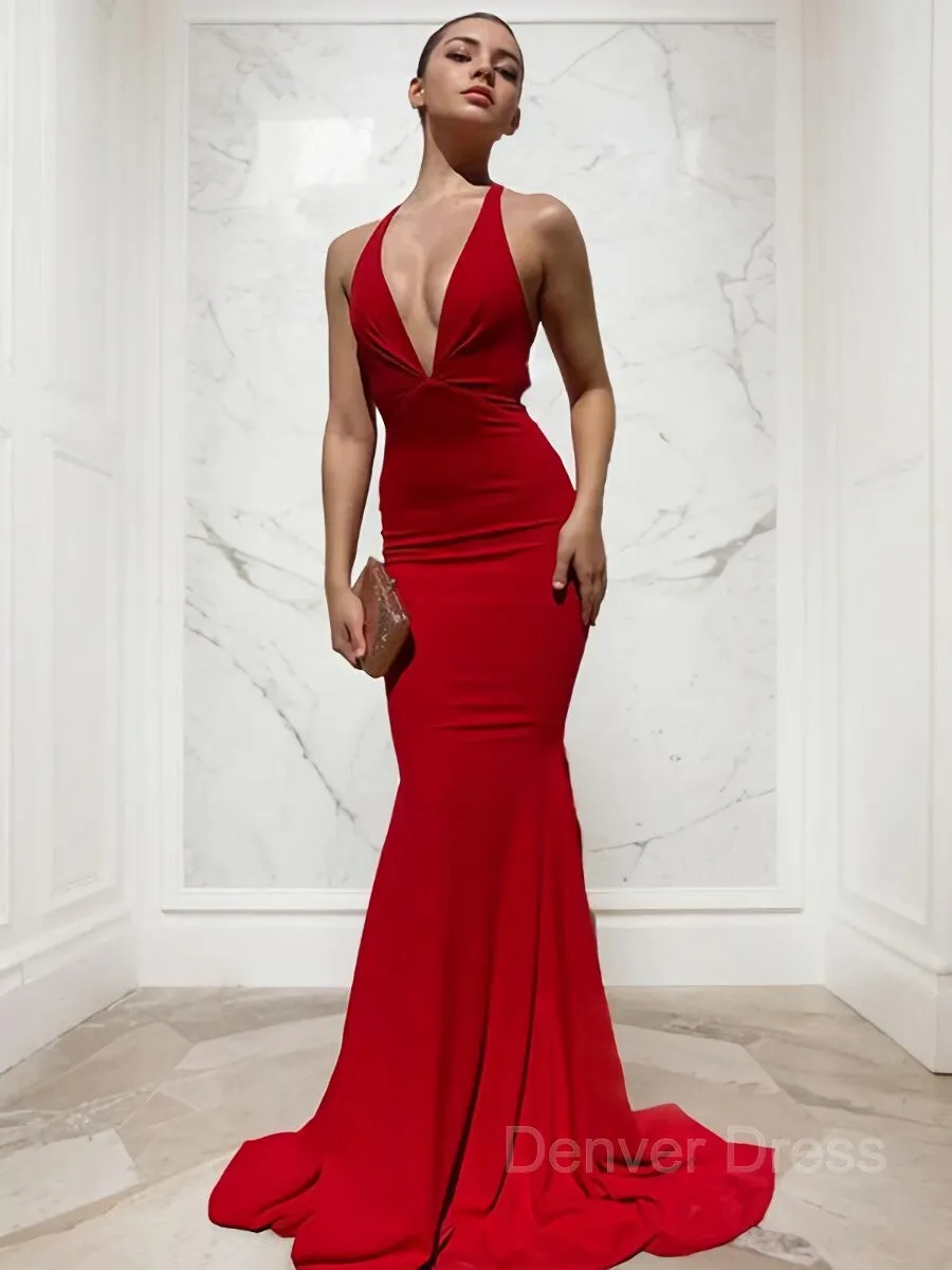 Sheath V-neck Sweep Train Jersey Prom Dresses With Ruffles