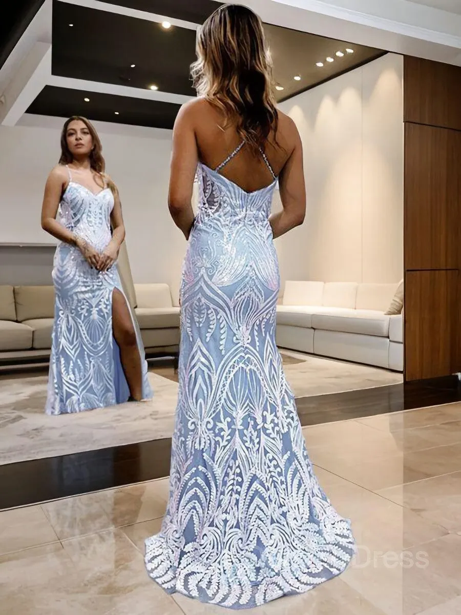 Sheath V-neck Sweep Train Lace Prom Dresses With Leg Slit