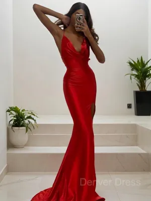 Sheath V-neck Sweep Train Silk like Satin Prom Dresses With Leg Slit