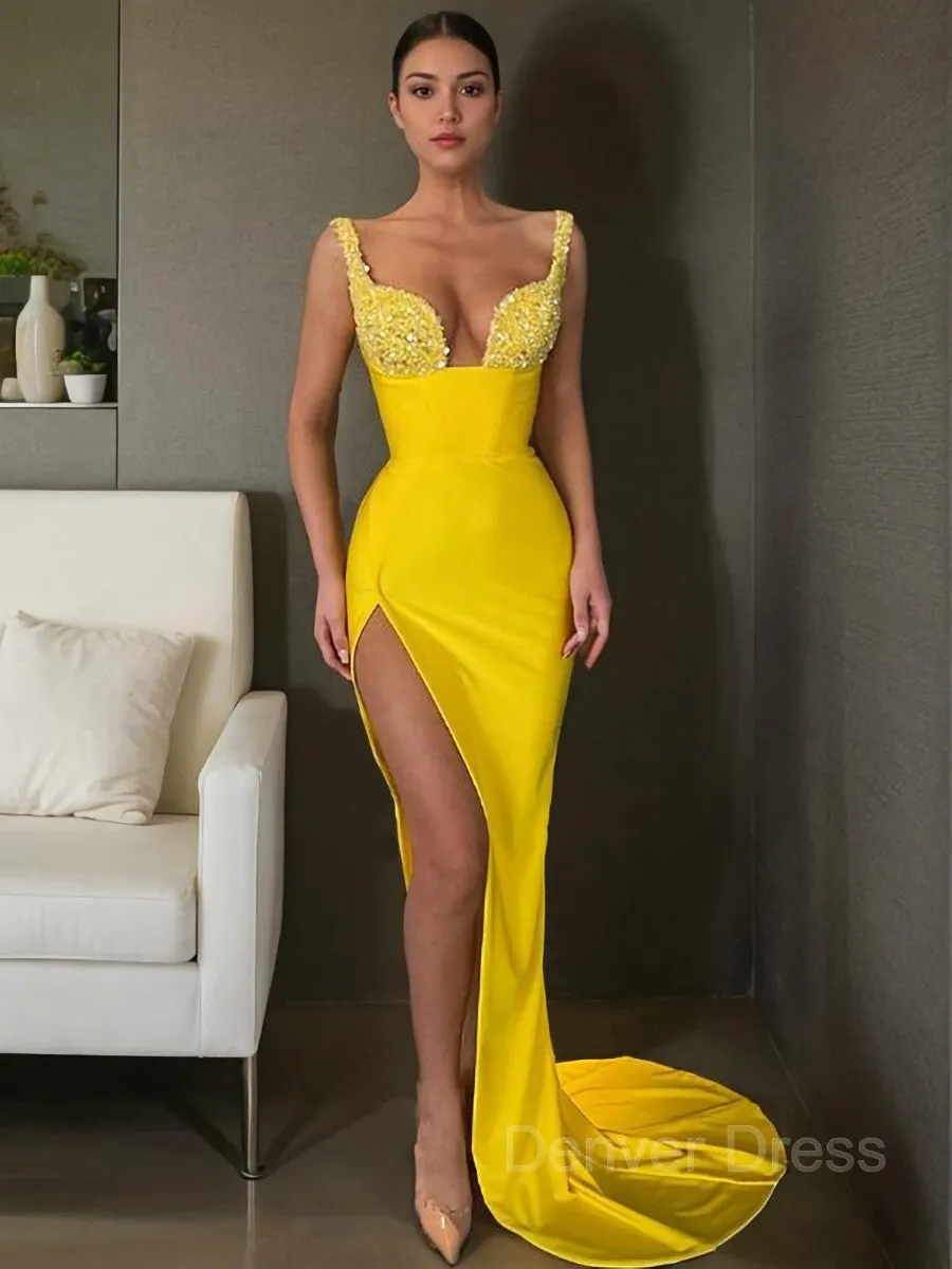 Sheath V-neck Sweep Train Stretch Crepe Prom Dresses With Leg Slit