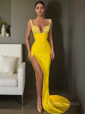 Sheath V-neck Sweep Train Stretch Crepe Prom Dresses With Leg Slit